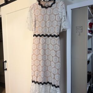 Just Me White Lace Midi Dress with Black Details